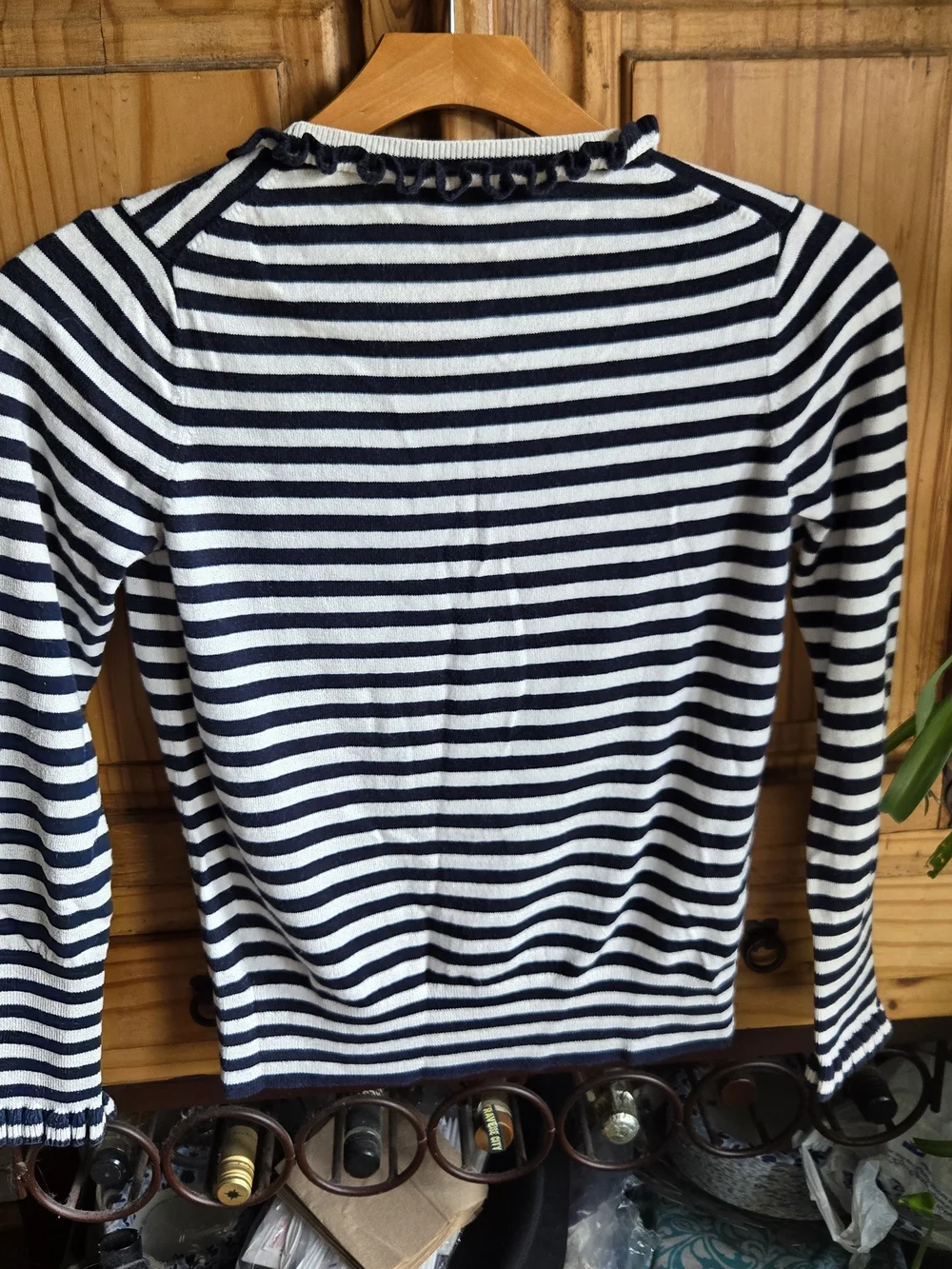 Boden Striped Navy & White Ruffle Neck Sweater